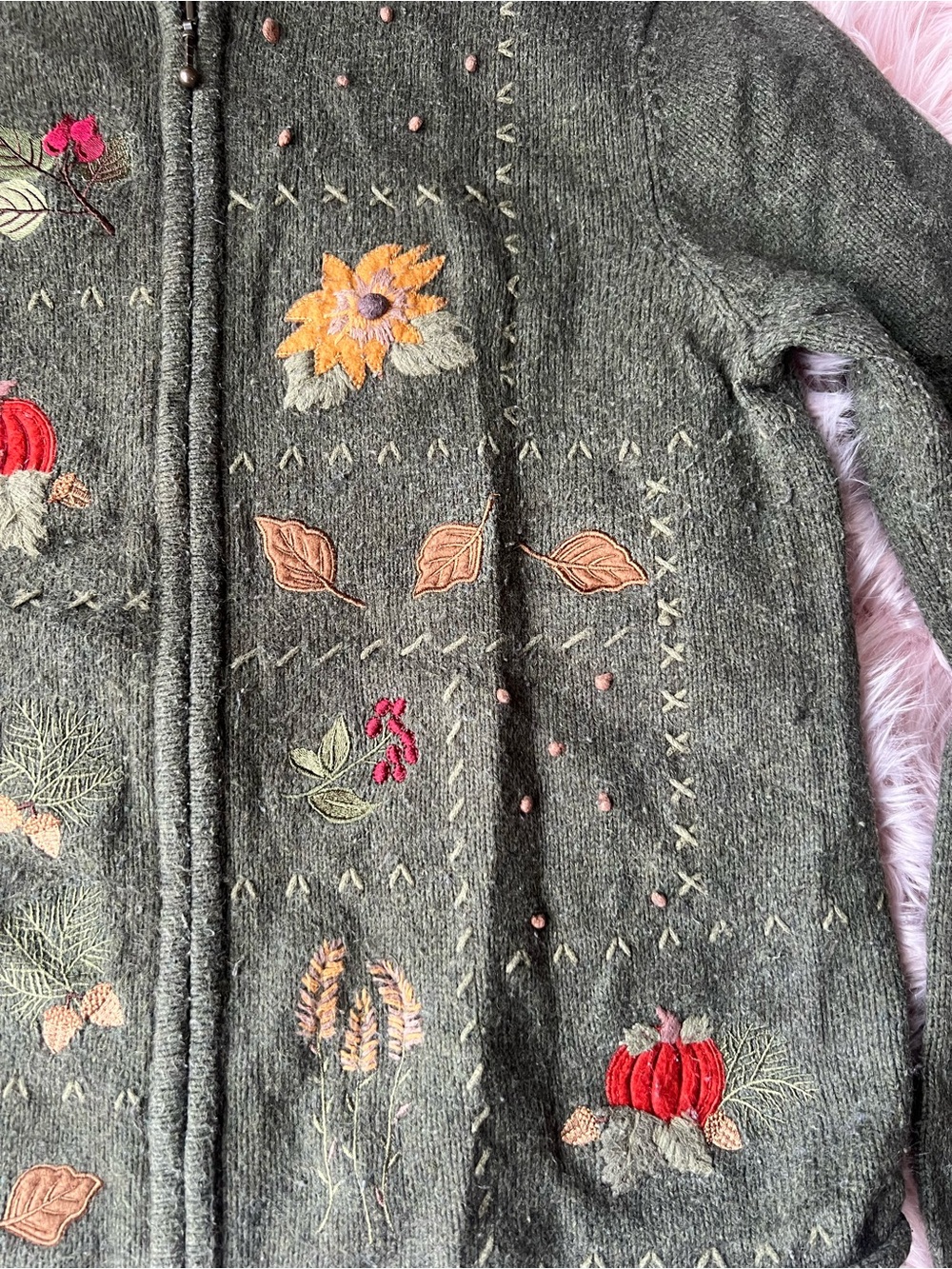 croft & barrow Embroidered Fall Sweater Wool Cotton Rabbit Blend Cottagecore - Picture 3 of 10